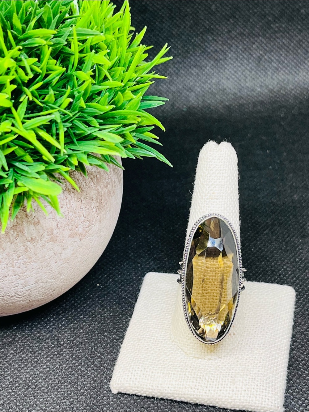 Sterling Silver Smoky Quartz Oval Vintage Style Statement Ring
